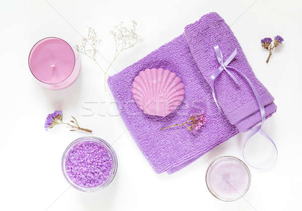 Spa products. Flat lay violet purple concept. Stock photo © artsvitlyna