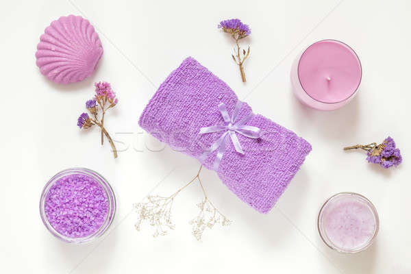 Spa products. Flat lay violet purple concept. Stock photo © artsvitlyna