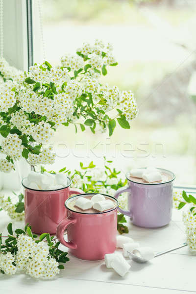 Stock photo: Hot cocoa with marshmallows in pink cups