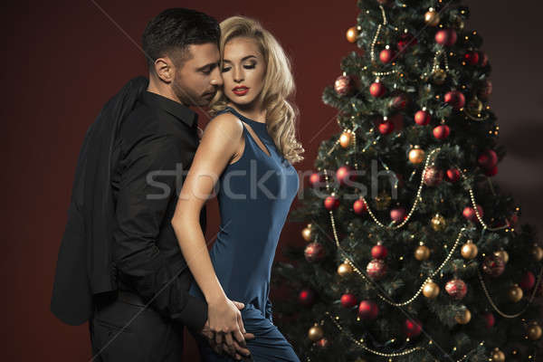 счастливым пару рождественская елка улыбка любви поцелуй Сток-фото © arturkurjan