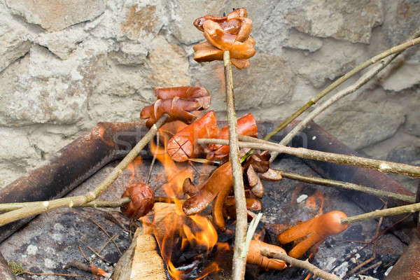 Ao ar livre grelhar salsichas abrir fogo festa fogo Foto stock © artush