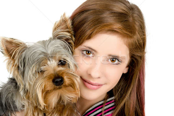Glimlachend jong meisje huisdier yorkshire aantrekkelijk lang haar Stockfoto © artush