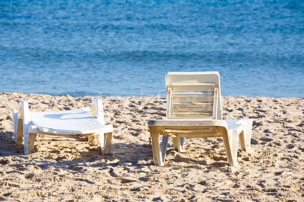 Foto stock: Dos · edad · playa · sol · hay · gente · escena · tranquila