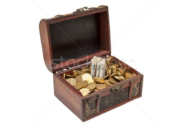 Stock photo: Old wooden chest with golden coins isolated on white background 