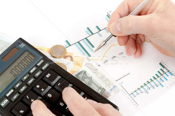Számológép táblázatok toll kéz névjegyek pénz Stock fotó © artush