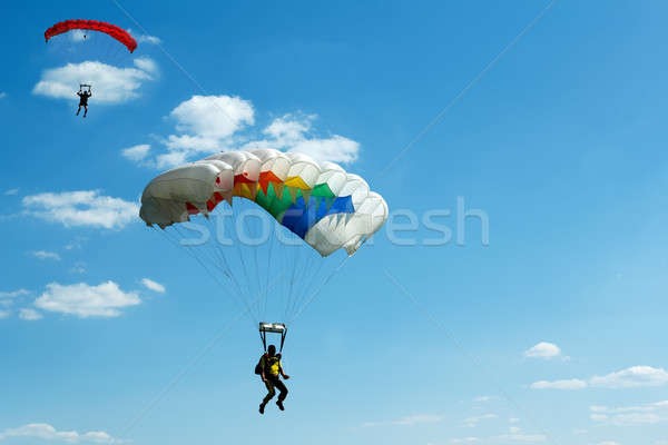 Foto stock: Blue · sky · dois · silhuetas · nuvens · homem · verão