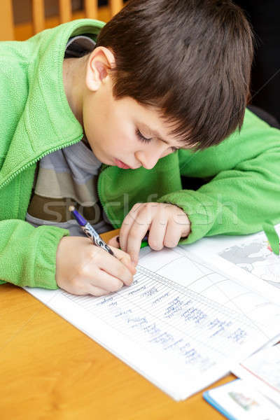 Foto d'archivio: Annoiato · stanco · ragazzo · compiti · per · casa · scuola · cartella · di · lavoro