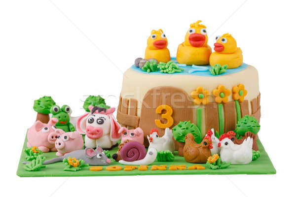 Verjaardagstaart boerderij marsepein dieren aantal geïsoleerd Stockfoto © artush