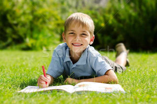 портрет мальчика трава книга парка улыбка Сток-фото © ashumskiy