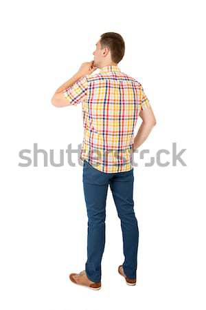 Stock foto: Blick · zurück · schöner · Mann · gelb · Shirt · stehen · jungen