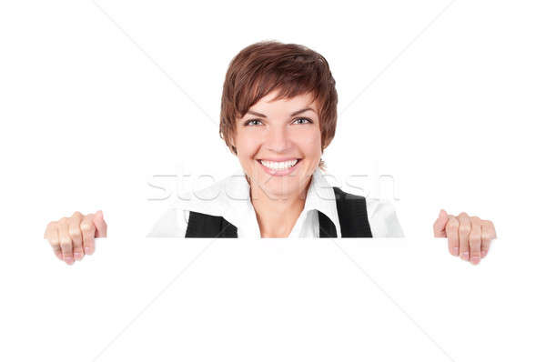 Nő óriásplakát felirat fiatal gyönyörű nő mosolyog Stock fotó © ashumskiy
