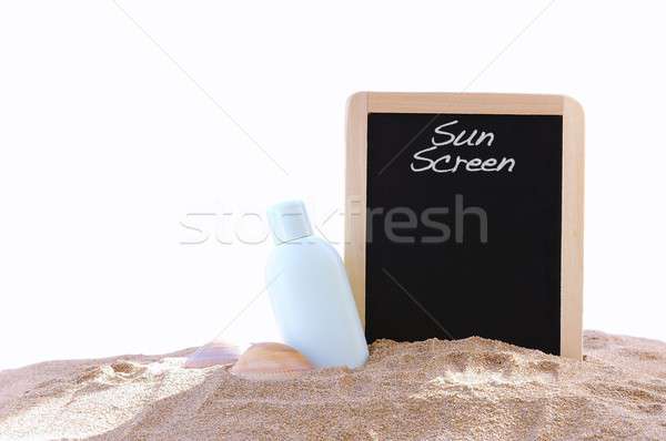 孤立した 日焼け止め剤 黒板 jarファイル 海浜砂 ビーチ ストックフォト © asturianu