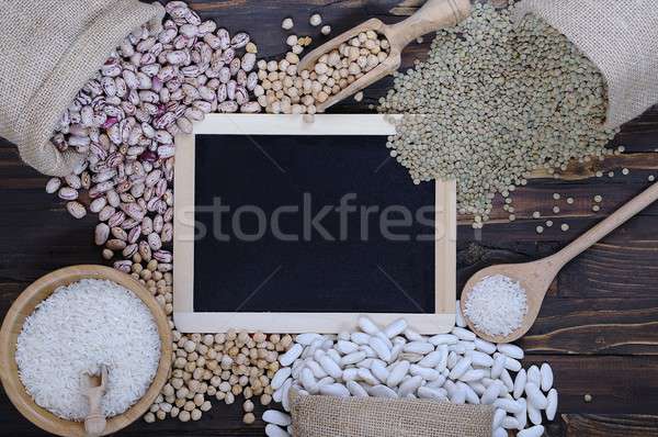 Stockfoto: Verschillend · granen · textiel · zakken · houten · tafel · variëteit