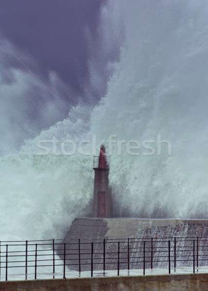 Viharos hullám öreg világítótorony móló természet Stock fotó © asturianu