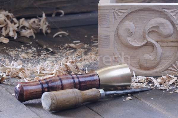 Kalapács véső fa asztal fából készült doboz asztal Stock fotó © asturianu