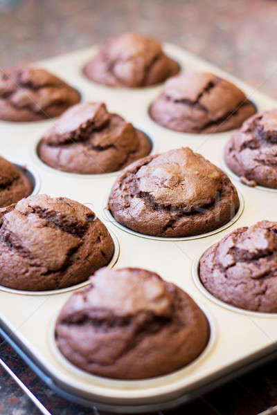 Twelve chocolate muffins cooling off Stock photo © avdveen