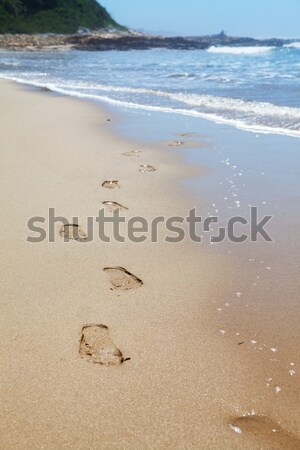 Menselijke voetafdrukken strandzand leidend zee zomer Stockfoto © avdveen