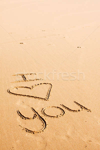 Foto stock: Amor · palavras · escrito · areia · areia · da · praia · abstrato