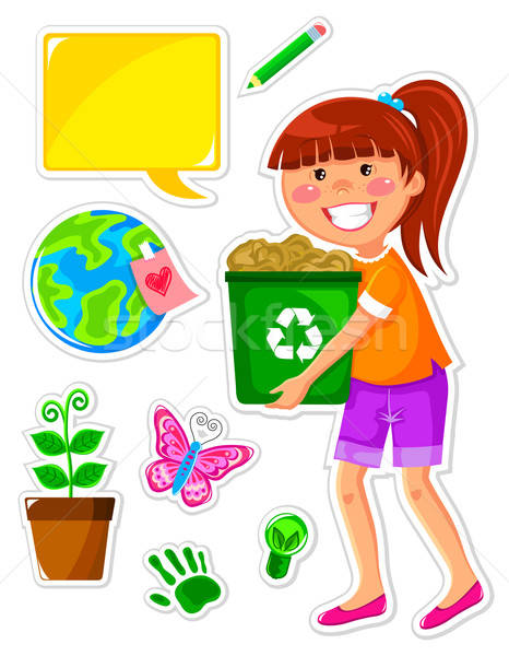 Ecologia conjunto ícones menina reciclagem papel Foto stock © ayelet_keshet