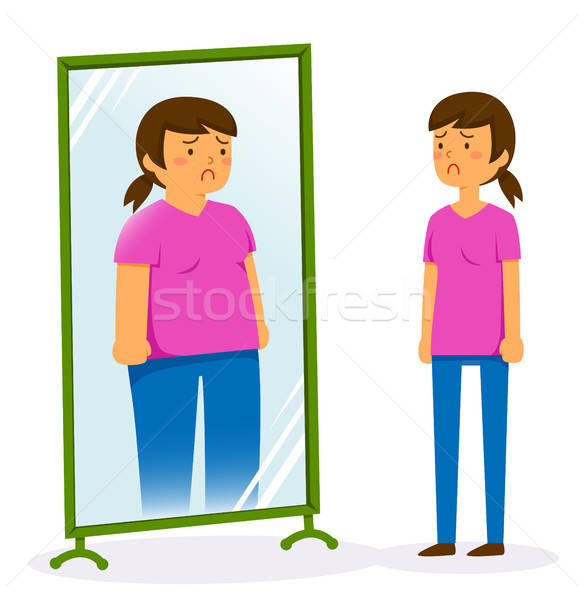 商業照片: 感覺 · 脂肪 · 不快樂 · 女子 · 看 · 鏡子