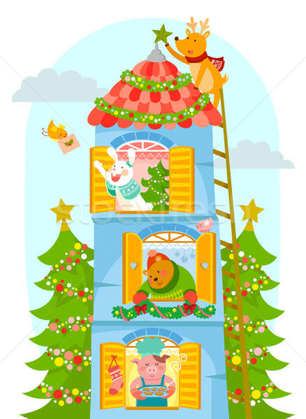 állatok élvezi karácsony rajzolt állatok magas ház Stock fotó © ayelet_keshet