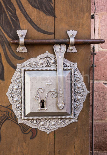Antique silver door lock on timber Stock photo © backyardproductions
