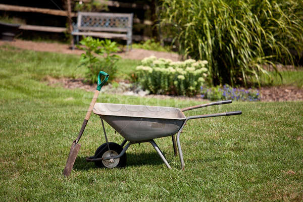 Kruiwagen spade bloem Maakt een reservekopie tuin Stockfoto © backyardproductions