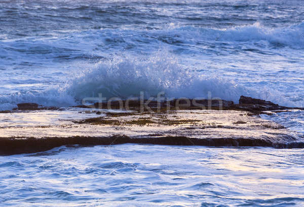 Ocean waves splash over calm rock shelf at dawn Stock photo © backyardproductions