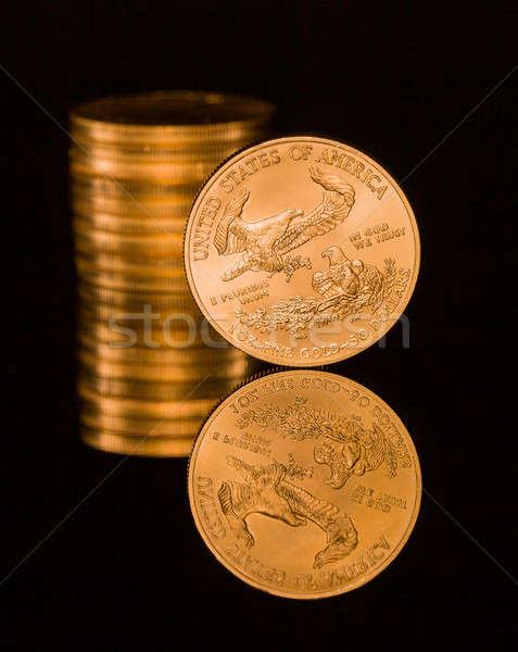 Reflecţie una moneda de aur negru lustruit Imagine de stoc © backyardproductions