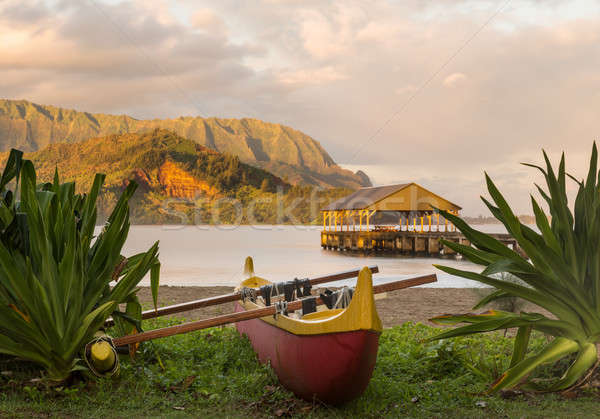 Hawaiian canoe by Hanalei Pier Stock photo © backyardproductions