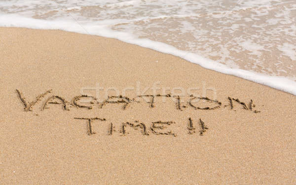 [[stock_photo]]: Vacances · temps · écrit · sable · mer · surf