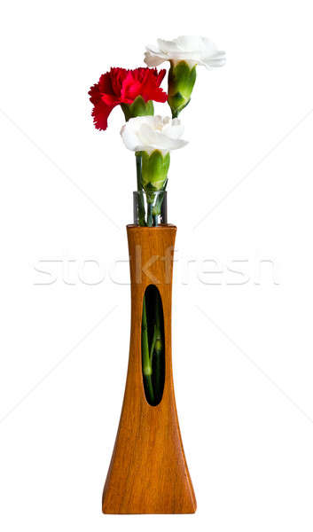Red and white spray carnations in teak vase Stock photo © backyardproductions