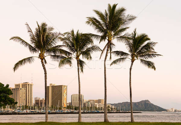 Yachts in Ala Moana harbor frame Diamond Head Stock photo © backyardproductions