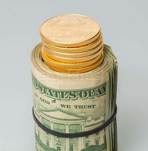 Zsemle 20 dollár bankjegyek arany érmék áll sok Stock fotó © backyardproductions