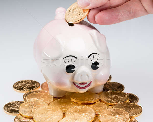 Hand placing gold coin into piggy bank Stock photo © backyardproductions