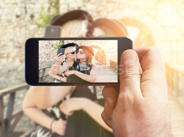 Stock foto: Zeit · Paar · positive · Frauen · kiss