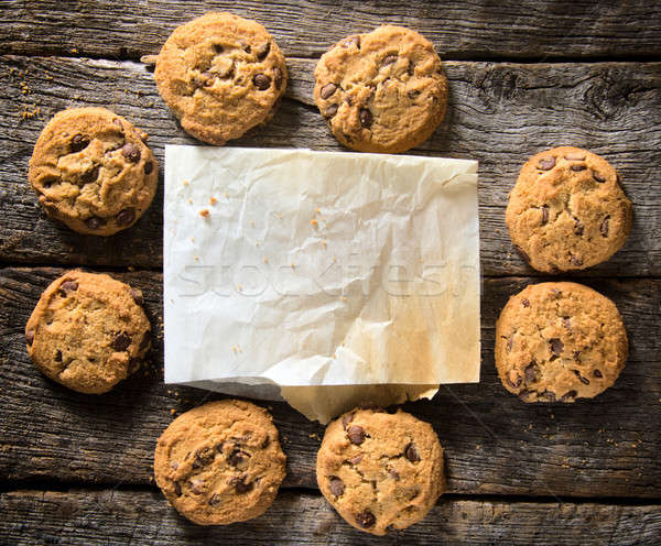 Stockfoto: Blanco · papier · cookies · eigengemaakt · chip · houten · tafel · papier