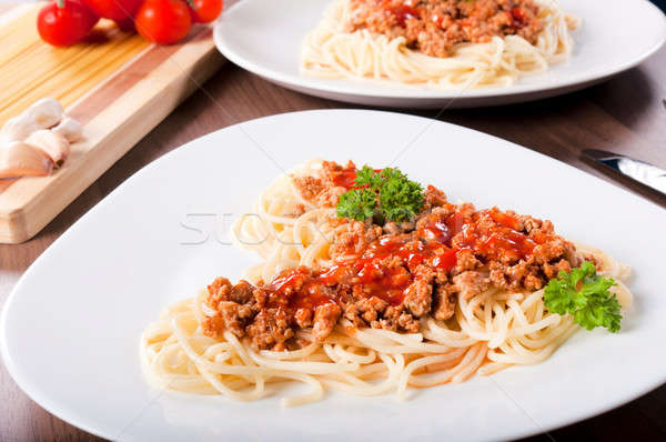 Сток-фото: спагетти · мяса · соус · пластина · сыра · красный