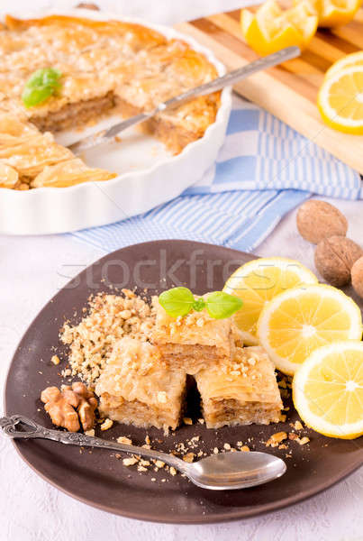 Torta szelektív fókusz tányér étel háttér citrom Stock fotó © badmanproduction