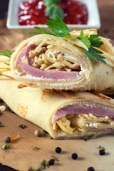 Stock photo: Flapjacks with cheese and ham