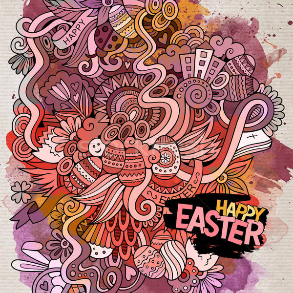 Stock photo: Cartoon hand-drawn Easter doodles watercolor art background