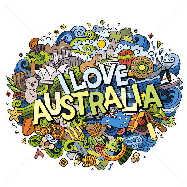 Stock photo: Cartoon cute doodles hand drawn I Love Australia inscription