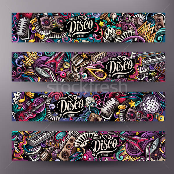 Cartoon cute colorful vector hand drawn doodles Disco music horizontal banners Stock photo © balabolka