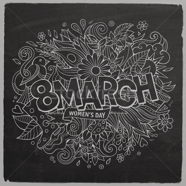 Cartoon cute doodles hand drawn 8 March inscription. Chalkboard  Stock photo © balabolka
