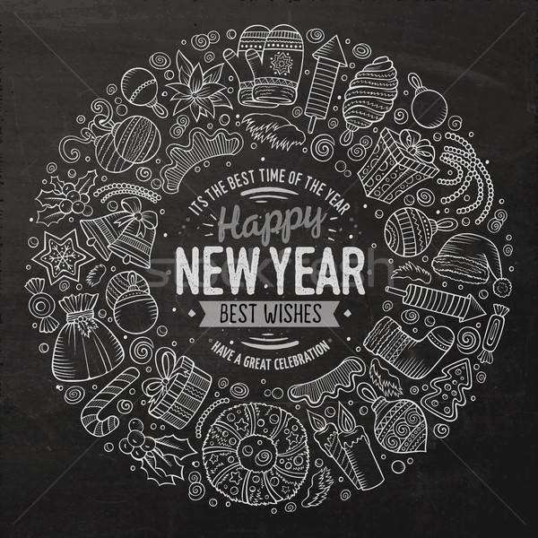 Stock photo: Set of New Year cartoon doodle objects round frame