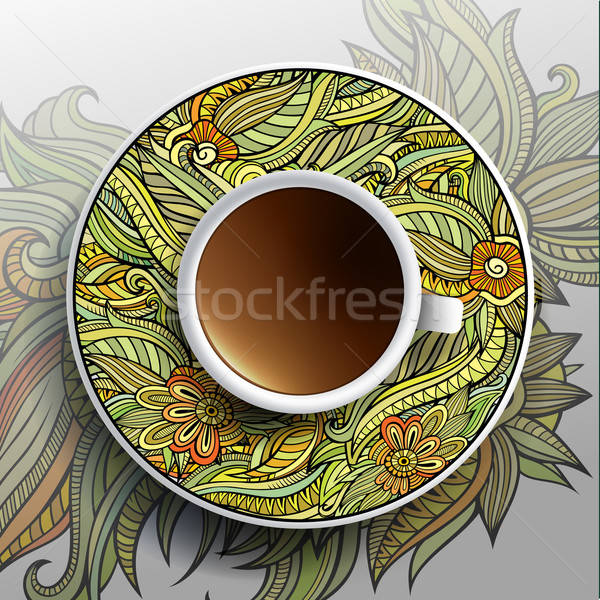 Сток-фото: Кубок · кофе · цветочный · орнамент · рисованной · блюдце