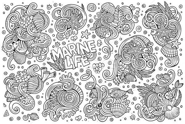 Line art set of marine life objects Stock photo © balabolka