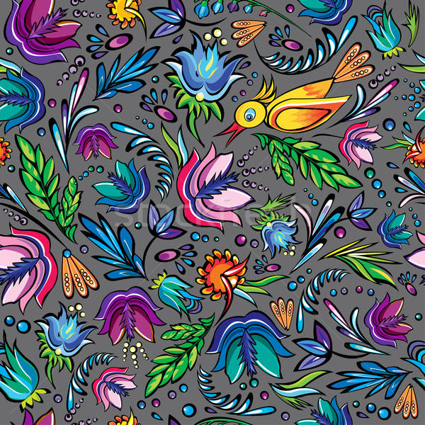Seamless cartoon hand-drawn pattern with flowers and bird Stock photo © balabolka