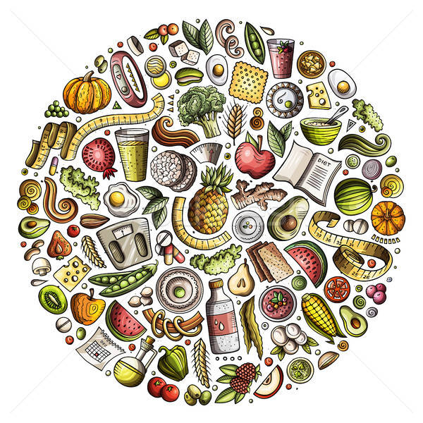 Set of vector cartoon doodle Diet food objects collected in a circle Stock photo © balabolka