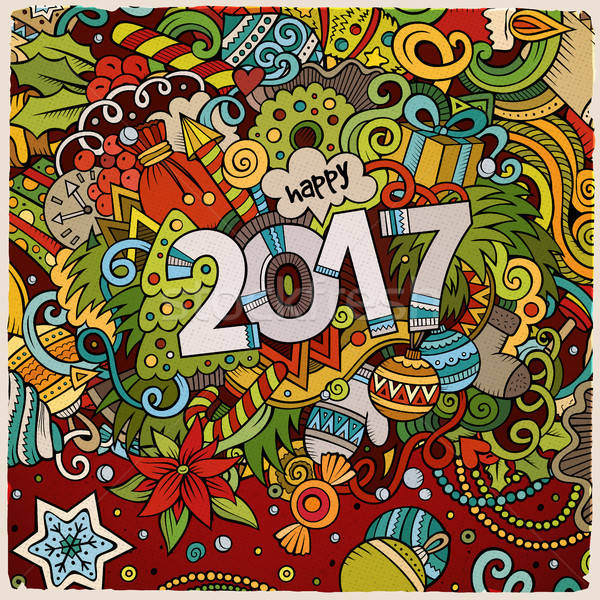 Cartoon cute doodles hand drawn New Year illustration Stock photo © balabolka